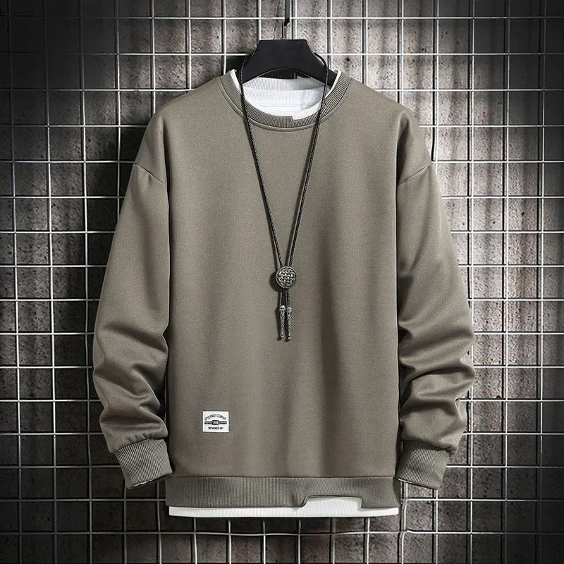 maoxiangshop Mens Casual Sweatshirts Fashion Fake Two Pieces O Neck Hoodies Men Harajuku Streetwear Tops Spring Autumn Solid Male Sweatshirt