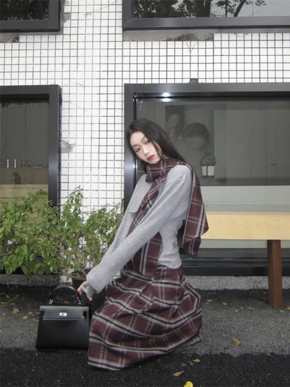 maoxiangshop  -  Retro Grey Set Women'S Autumn/Winter New Collection Stacked Collar Knitted Top With Checkered Half Skirt Two Piece Set