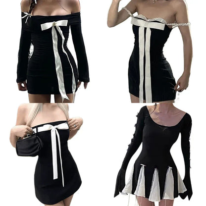 maoxiangshop E-girl Gothic Kawaii Bow Mini Dress Korean Sweet Girl Lace Trim A-line Dress Fairycore Grunge 00s Retro Y2K Coquette Streetwear