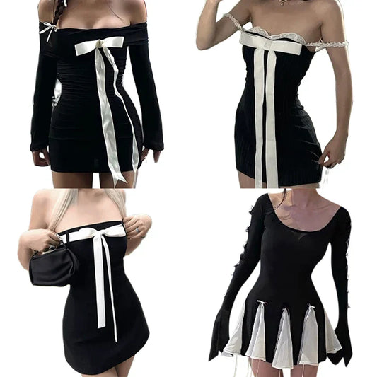 maoxiangshop E-girl Gothic Kawaii Bow Mini Dress Korean Sweet Girl Lace Trim A-line Dress Fairycore Grunge 00s Retro Y2K Coquette Streetwear