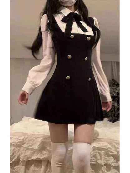 Autumn Fake Two Dress Women Slim Chic Long Sleeve Bow Casual Y2k Mini Dress Female Korean Fashion Elegant Short Party Dress