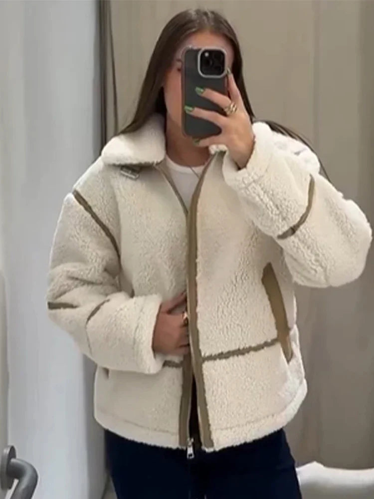 maoxiangshop  -  Vintage Lamb Wool Lapel Jackets Women Casual Warm Plush Zipper Pockets Jacket Coats Female Winter Chic High Street Outwear