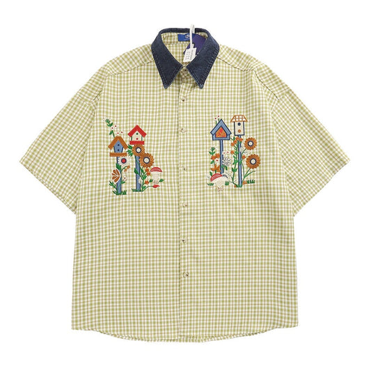 maoxiangshopJapanese Women's Plaid Shirt Vintage Flower Embroidery Blouse Harajuku Fashion Short Sleeve Denim Tops Preppy Korean Girls