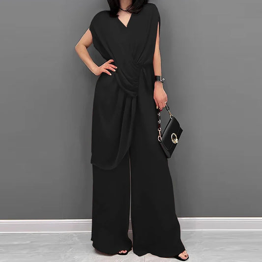 maoxiangshop Women Elegant Long Jumpsuit Casual Loose Wide Leg Pants Summer V Neck Short Sleeve Playsuit Elastic Waist Overalls