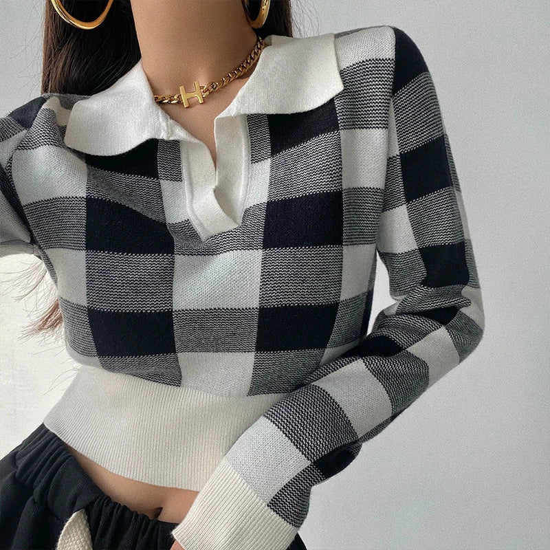 maoxiangshop Autumn Winter Vintage Knitwear Crop Tops Women Pullover Sweaters Fashion Female Long Sleeve Elastic Casual Plaid Knitted Shirts