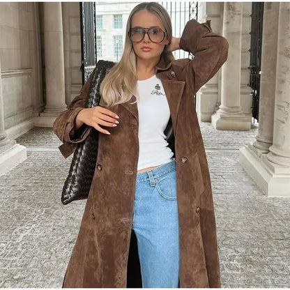 maoxiangshop  -  Female Retro Jacket Elegant Brown Belted Waist Long Coat Double Breasted High Street Autumn Fashion Full Sleeve Outwear