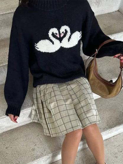 maoxiangshop  -  Casual Knitted Printed Half Neck Sweater Women Vintage Loose Black Swans Pullover Sweaters Female Autumn Chic Elegant Knitwear