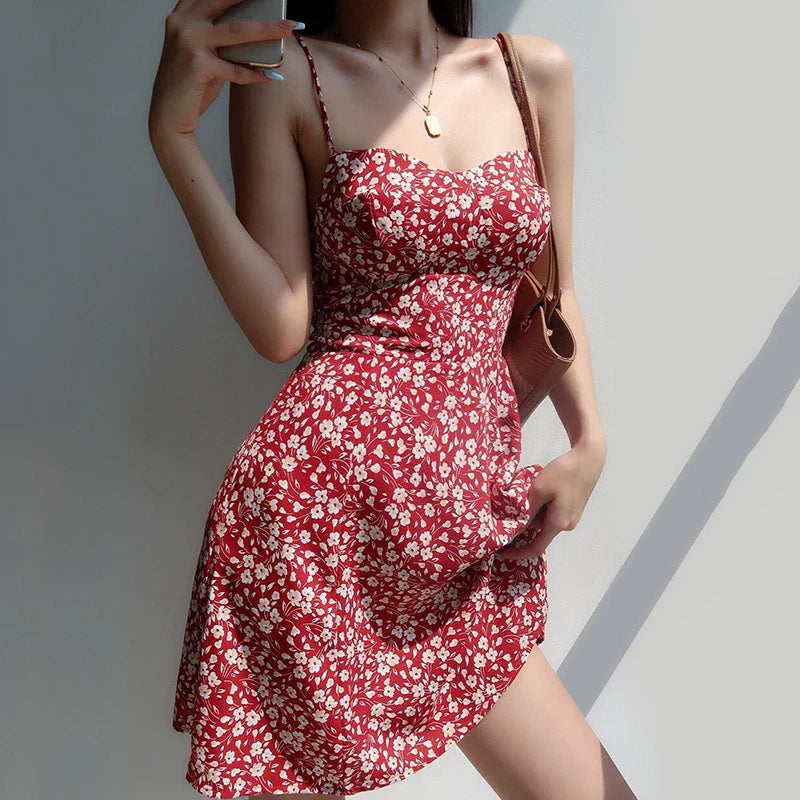 maoxiangshop Summer Red Floral Print Dress Women Elegant Chiffon Spaghetti Strap Dress Woman Sexy Beach Backless Ladies Dresses