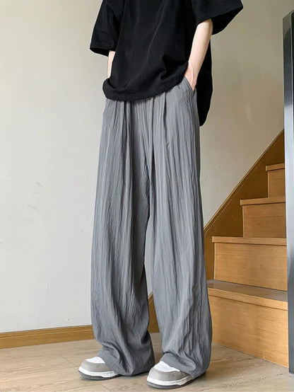 maoxiangshop Ice Silk Linen Straight Casual Pants Men Summer Thin Loose Wide Leg Straight Long Trousers Japanese Lazy Popular 2024 New