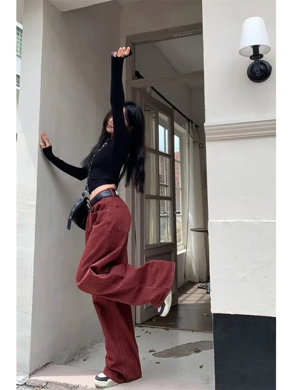 Y2K Red Baggy Jeans Women Oversize Denim Pants Acubi Fashion Loose High Waist Wide Leg Trousers Harajuku Streetwear