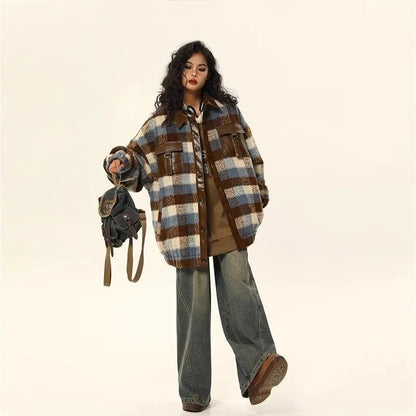 maoxiangshop  -  2024 American Retro Casual Woolen Patchwork Leather Jacket For Women In Autumn Winter Maillard Atmosphere Woolen Plaid Jacket