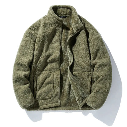 maoxiangshop Winter Fleece Jackets Men Solid Color Loose Casual Warm Coat Mens Stand Collar Outerwear Jacket Harajuku Streetwear Plus Size