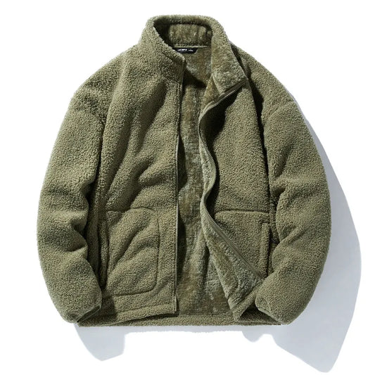 maoxiangshop Winter Fleece Jackets Men Solid Color Loose Casual Warm Coat Mens Stand Collar Outerwear Jacket Harajuku Streetwear Plus Size