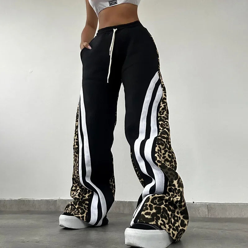 maoxiangshop  -  Stripe Leopard Patchwork Women Flare Pants 2024 Autumn Drawstring High Waist Loose Casual Streetwear Trousers Female Sweatpants