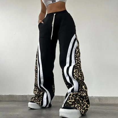 maoxiangshop  -  Stripe Leopard Patchwork Women Flare Pants 2024 Autumn Drawstring High Waist Loose Casual Streetwear Trousers Female Sweatpants