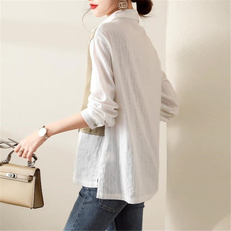 Women's Korean Patchwork Fake Two Pieces Shirts Spring Autumn Trendy Loose Chic Blouse Simple Casual Drawstring Long Sleeve Tops