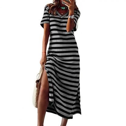 maoxiangshop Summer Dresses Woman Plus Size Dresses For Women Casual Stripe Print V-neck Short Sleeve Loose Long Dress Robe Femme