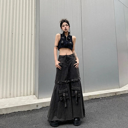 Spring Women Vintage Baggy Streetwear Denim Skirt Grunge 00S High Waist Y2K High Street Basic A-Line Lady Pockets Skirt