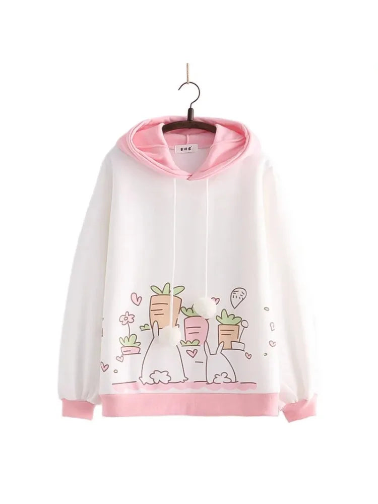 maoxiangshop Kawaii Women Hoodies Winter Long Sleeve Drawstring Fleece Hooded Sweatshirt Female Harajuku Rabbit Print Pullover Top