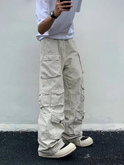 maoxiangshop Spring Cargo pants New Popular Rice White Multi-pockets Overalls Harajuku stays Men Loose Casual Trousers Straight Mopping Pants