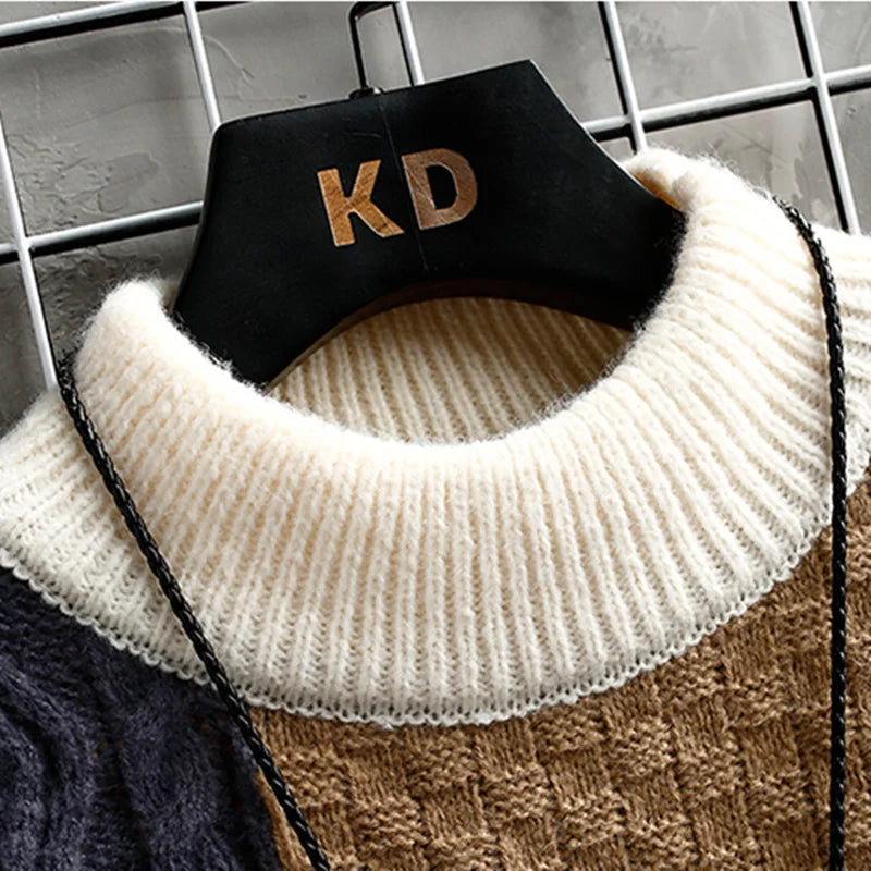 maoxiangshop Autumn Winter Men Sweater Warm Top New Fashion Stitching Color Matching Pullover Round Neck Sweater Thickened Knitted Sweater