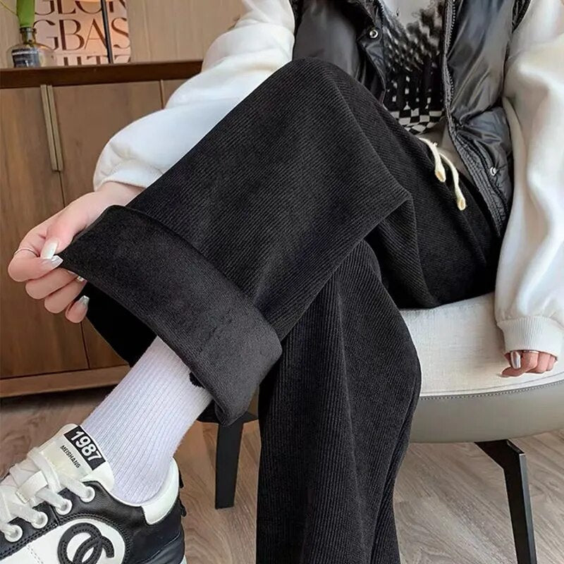 maoxiangshop Keep Warm Thickened Corduroy Trousers Wide Leg Sweatpants Winter Straight Pants Solid Plush High Waist Casual Women's Trousers