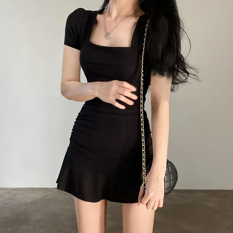 maoxiangshop Ruched Black Dress Women Square Collar Short Sleeve Slim Mini Dress Summer Korean Fashion Folds Ruffles Bodycon Sundress