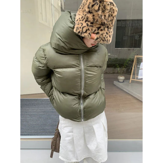 maoxiangshop  -  American High Street Stand Collar Thicken Warm Cotton-Padded Coat Women Winter New Solid Pop Simple Design Sense Short Coat