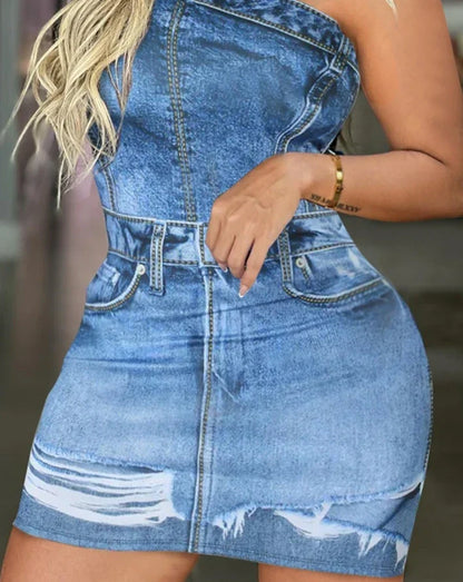 Women's Dress 2024 New Fashion Denim Look Print One Shoulder Bodycon Dress Sleeveless Sexy Short Denim Dress