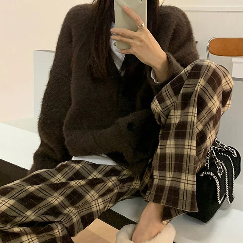 maoxiangshop High Waist Women's Brown Plaid Pants Streetwear Oversize Wide Leg Checkered Trousers Woman Loose Y2K Retro Sweatpants Mujer