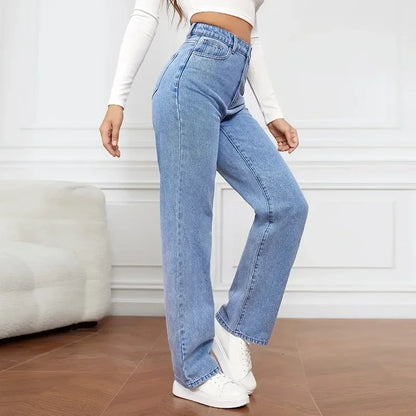 maoxiangshop Denim Jeans Women Straight Pants Washing High Waist Loose Pockets Basics Ankle Length Y2k Blue Pants Streetwear Slight Strech