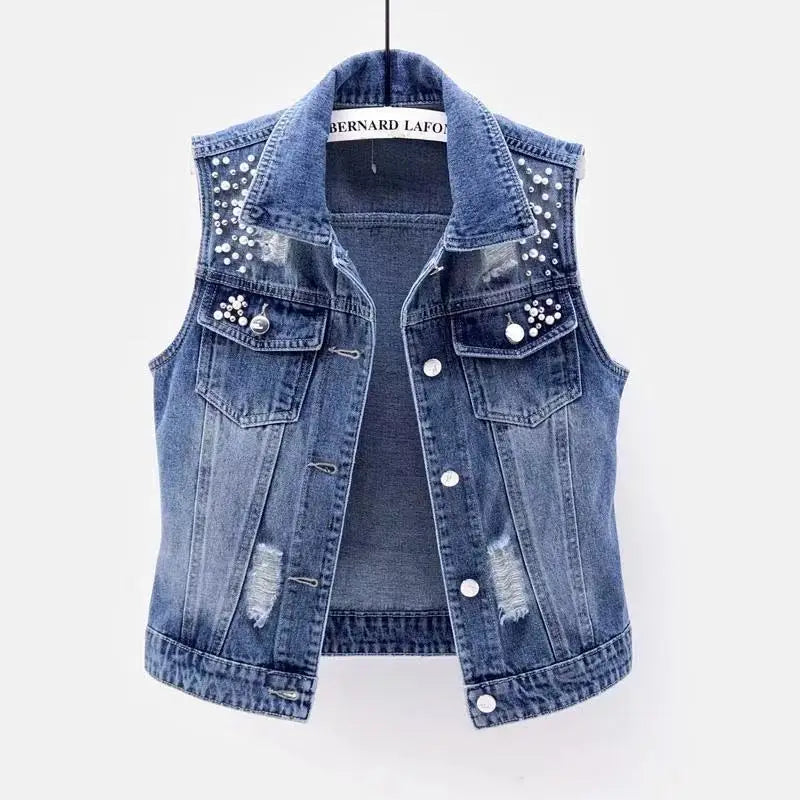 maoxiangshop Denim Women Vest Luxury Pearls Fashion Ripped Autumn Plus Size Jeans Jacket Sleeveless Loose Short Coat Causal Waistcoats