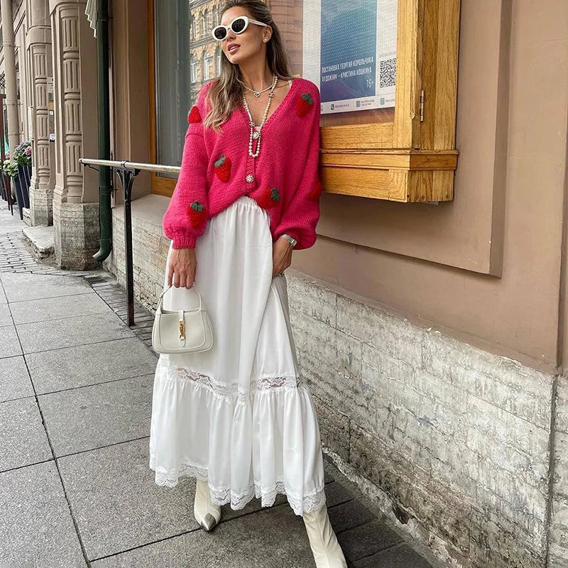maoxiangshop -  Women's Autumn and Winter New Lace Splicing Low Waist Swing Skirt Elegant Casual Long Skirt Vestidos
