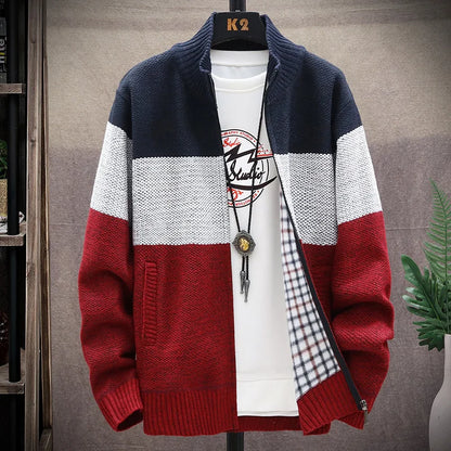 maoxiangshop Winter Men Sweater Add Velvet Cardigan Patchwork Color Stand Collar Male Casual Zipper Knitted Thick Warm Sweatercoat