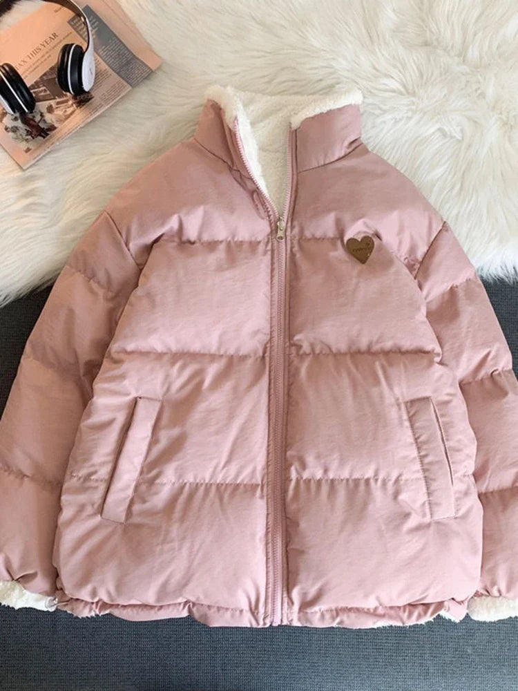 maoxiangshop Cute Embroidery Women Parkas Coat Winter Thick Hairy Korean Loose Warm Jacket Double Sided Design Pink Student Clothes