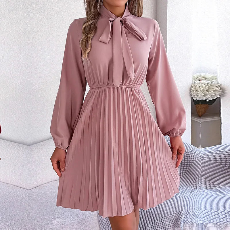 maoxiangshop Women's New Autumn Winter Temperament Lace Up Solid Color High Waist Long Sleeve Pleated Dress