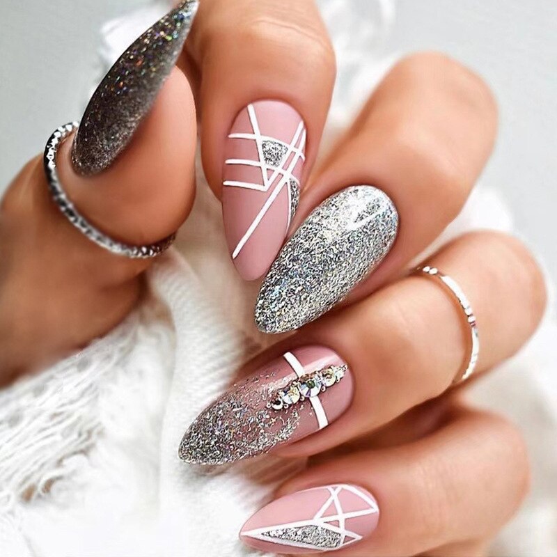 24Pcs Almond Fake Nails with Rhinestone Glitter Geometric Lines Design Press on Nails Detachable Stiletto False Nails Tips