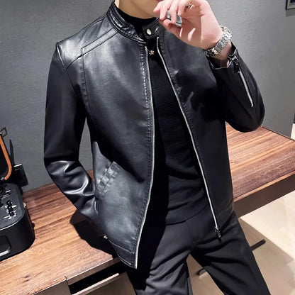 maoxiangshop New Men Leather Jacket Classic Slim Fit Motorcycle PU Leather Jacket Solid Color Standing Collar Men Large Black Leather Jacket