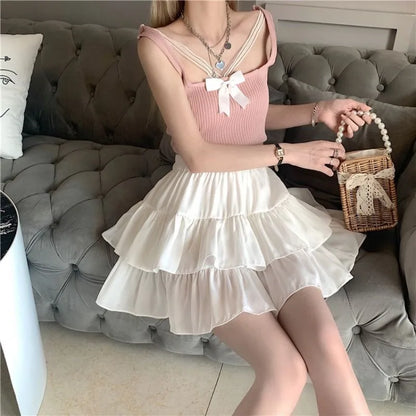 maoxiangshop White Ruffles Mini Skirt Women Kawaii Elastic Waist A-line Loose Preppy Style Cute Short Pleated Skirt Korean Fashion