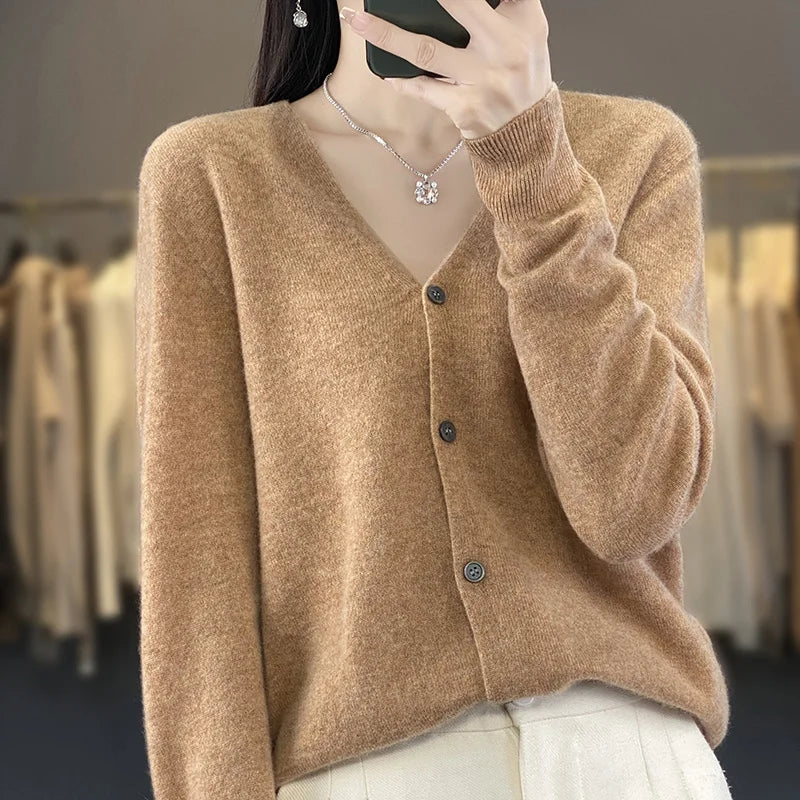 maoxiangshop New Fashion Spring Autumn 100% Merino Wool Women's V-neck Cardigan Cashmere Sweater 2024 Female Knitwear Clothing Korean Tops