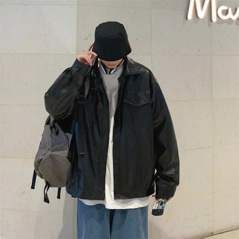 maoxiangshop Black Faux Leather Jacket Men Autumn Mens Hip Hop Jacket PU Leather Male Oversize Streetwear Korean Trend Jackets Coats