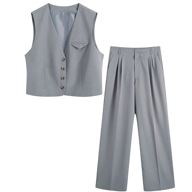 maoxiangshop Suits Spring OL Style Sets Women Casual 2 Piece Sleeveless Blazer Cropped V Neck Vest + Loose Long Pants Grey