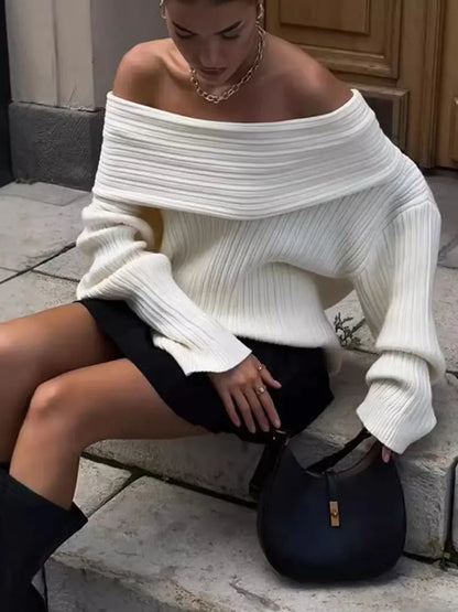 maoxiangshop  -  Elegant Oversize Knitted Thick Pullover Winter Fashion Slash Neck Full Sleeve Gray White Warm Women Sweater Streetwear