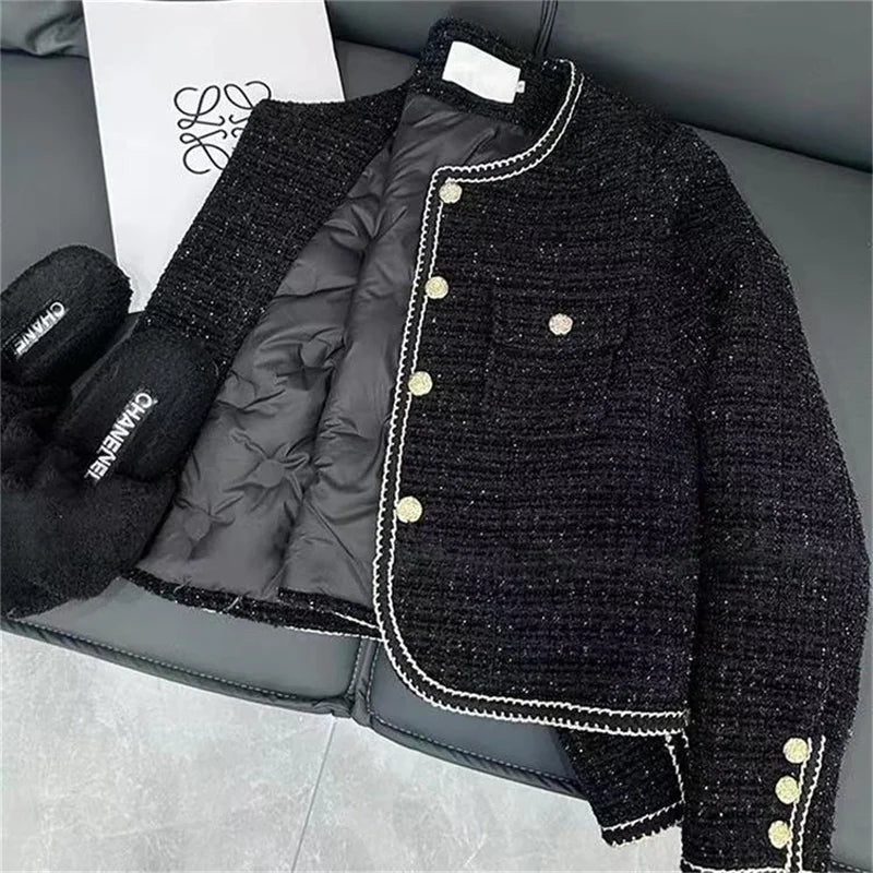 maoxiangshop High-End Warm Lining/Quilted Jacket With Small Fragrance Tweed Woven Woolen Suit For Women Autumn Winter 2024 O-Neck Short Top