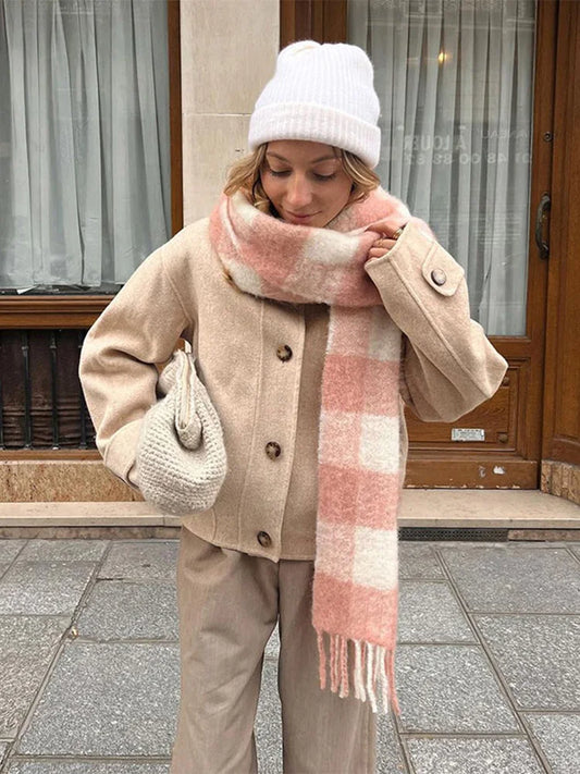 maoxiangshop  -  Fashion Single Breasted Lapel Collar Woolen Coat Women Long Sleeve Short Autumn Winter Jacket 2024 Female Elegant Chic Outerwear