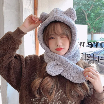 maoxiangshop Cute Bear Ear Hat Scarf Set Kawaii Women Winter Beanies Caps Warm Casual Plush Hat Casual Female Keep Wammer Anime Gift