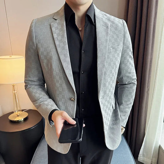 maoxiangshop Plus Size 5XL-M Luxury Checkered Slim Fit Business Blazers Mens 2024 Formal Single Button Fashion Social Party Suit Jacket