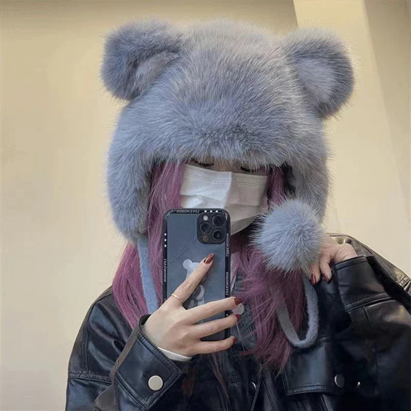 maoxiangshop  -  Winter Bear Ears Hat with Strap Pompom Women Fluffy Fur Fleeze Ear Protection Beanies Outdoor Windproof Cold Warm Plush Bonnet