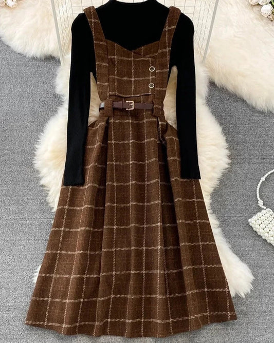 High Quality Fall Winter Women Sweater Overalls Dress Sets Casual Knitted Tops +Plaid Woolen Dress 2 Piece Sets Outfits Female