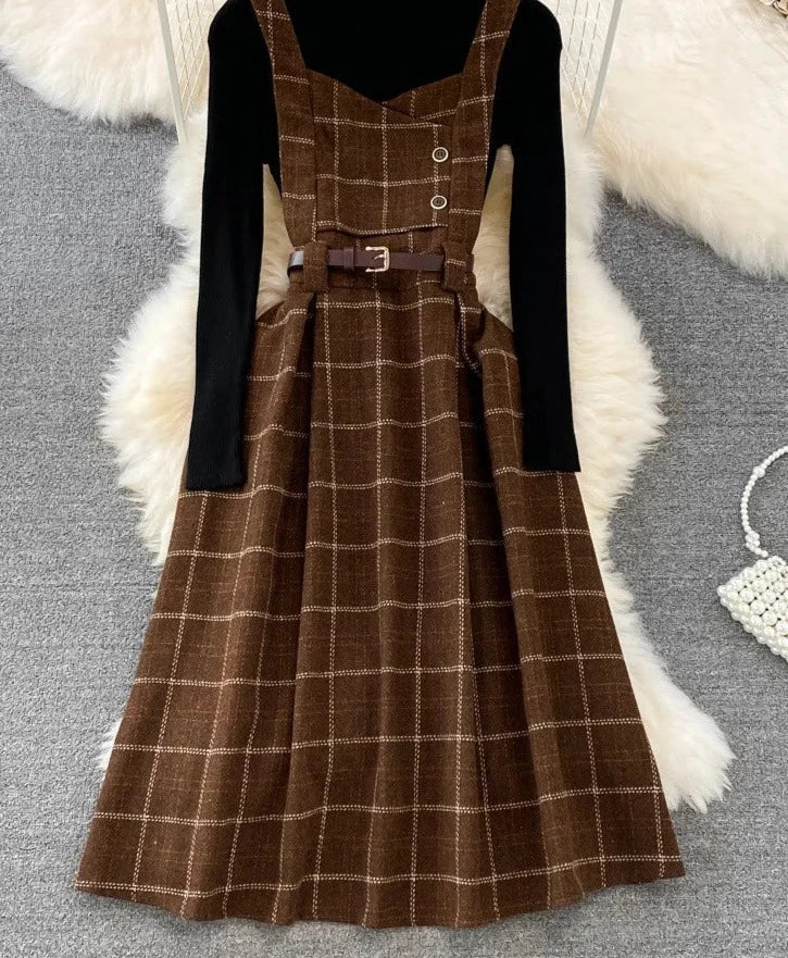 High Quality Fall Winter Women Sweater Overalls Dress Sets Casual Knitted Tops +Plaid Woolen Dress 2 Piece Sets Outfits Female